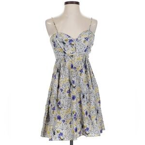 Parker Floral Spaghetti-Strap Mini Dress in White, Yellow & Blue 100% Silk